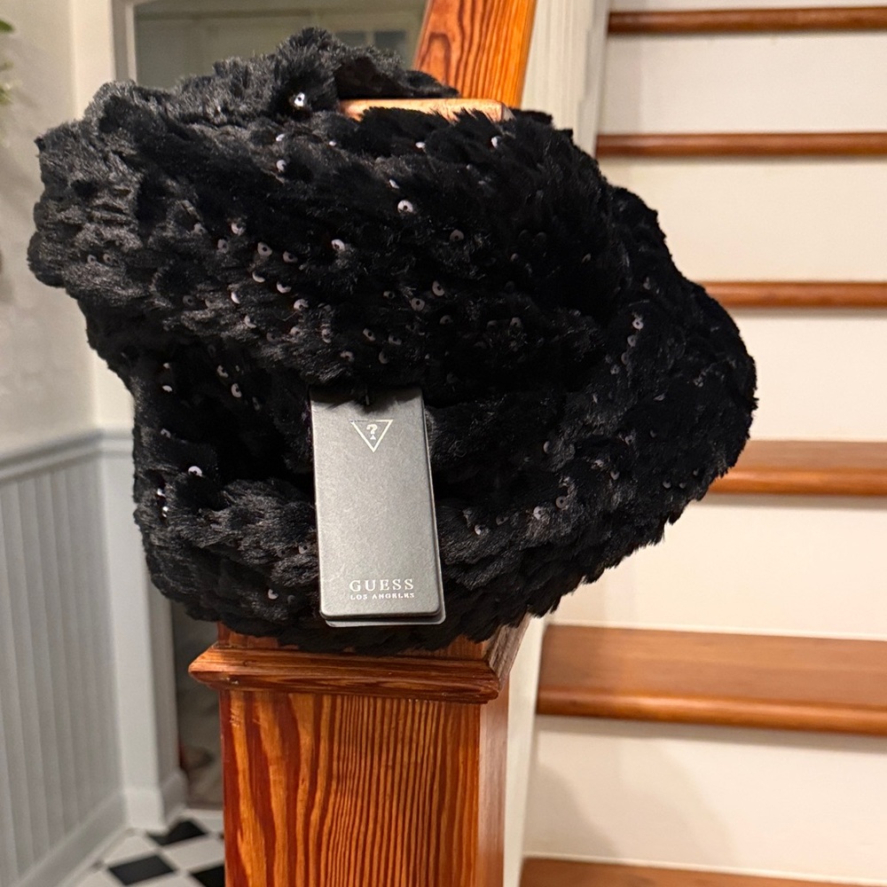 Guess Black Sequin/Fur Infinity Scarf
